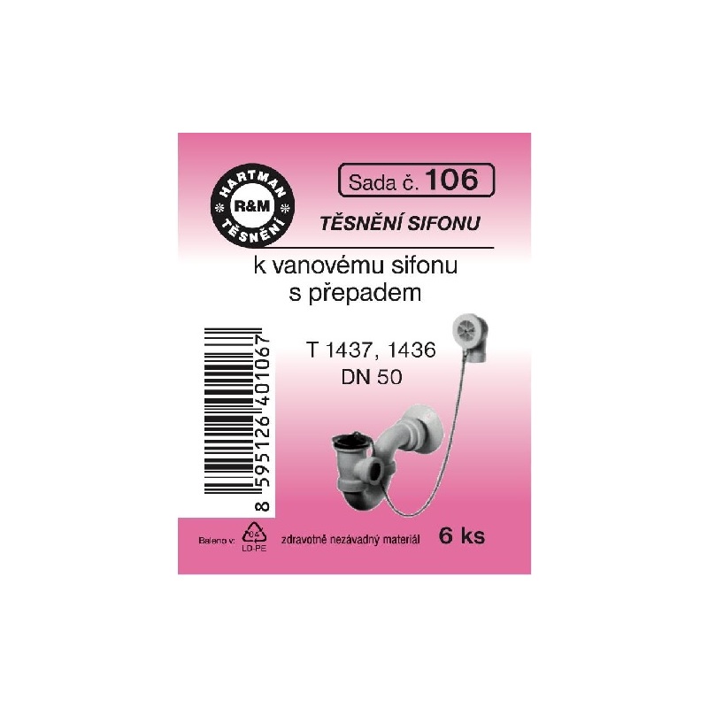 Sada těsnění k sifonům, DN 50, T 1437, 1436, 6 ks, č. 106, HARTMAN