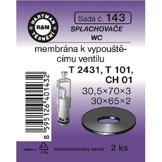 Sada těsnění k napouštěcímu ventilu WC, T 2431, T 101, 30,5 x 70 x 3, 30 x 65 x 2, 2 ks, č. 143, HARTMAN
