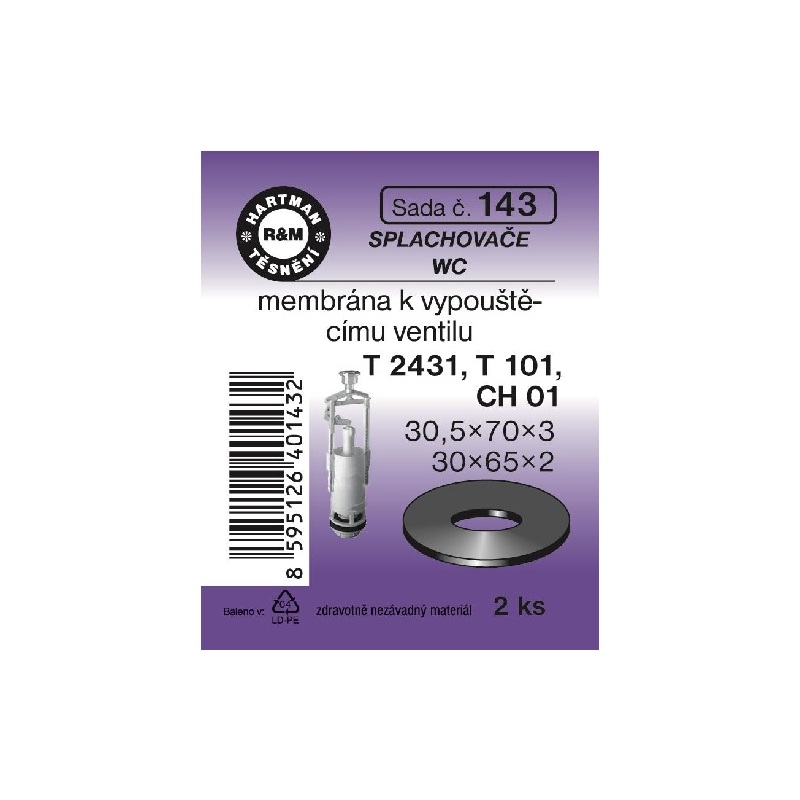 Sada těsnění k napouštěcímu ventilu WC, T 2431, T 101, 30,5 x 70 x 3, 30 x 65 x 2, 2 ks, č. 143, HARTMAN