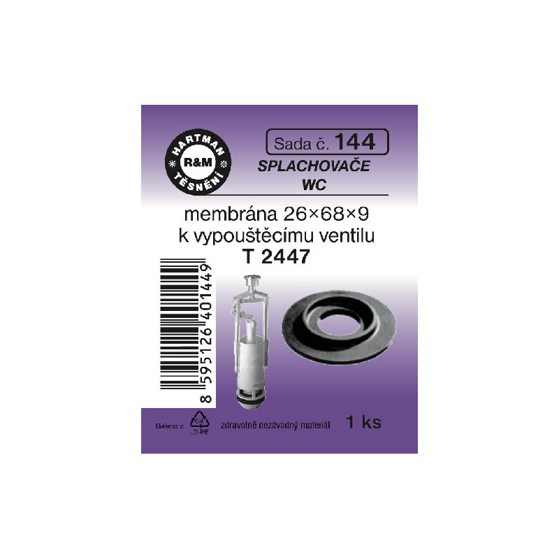 Sada těsnění k vypouštěcímu ventilu WC, T 2447, 26 x 68 x 9, 1 ks, č. 144, HARTMAN