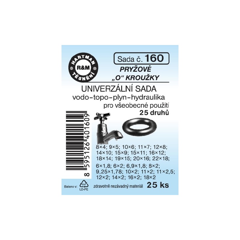 Sada těsnění univerzální, vodo-topo-plyn-hydraulika, 25 ks, č. 160, HARTMAN