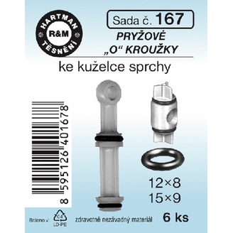 Sada těsnění O kroužky, 12 x 8, 15 x 9, pryž, 6 ks, č. 167, HARTMAN