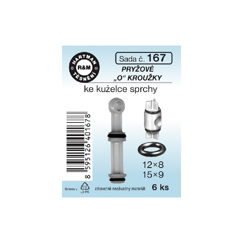 Sada těsnění O kroužky, 12 x 8, 15 x 9, pryž, 6 ks, č. 167, HARTMAN