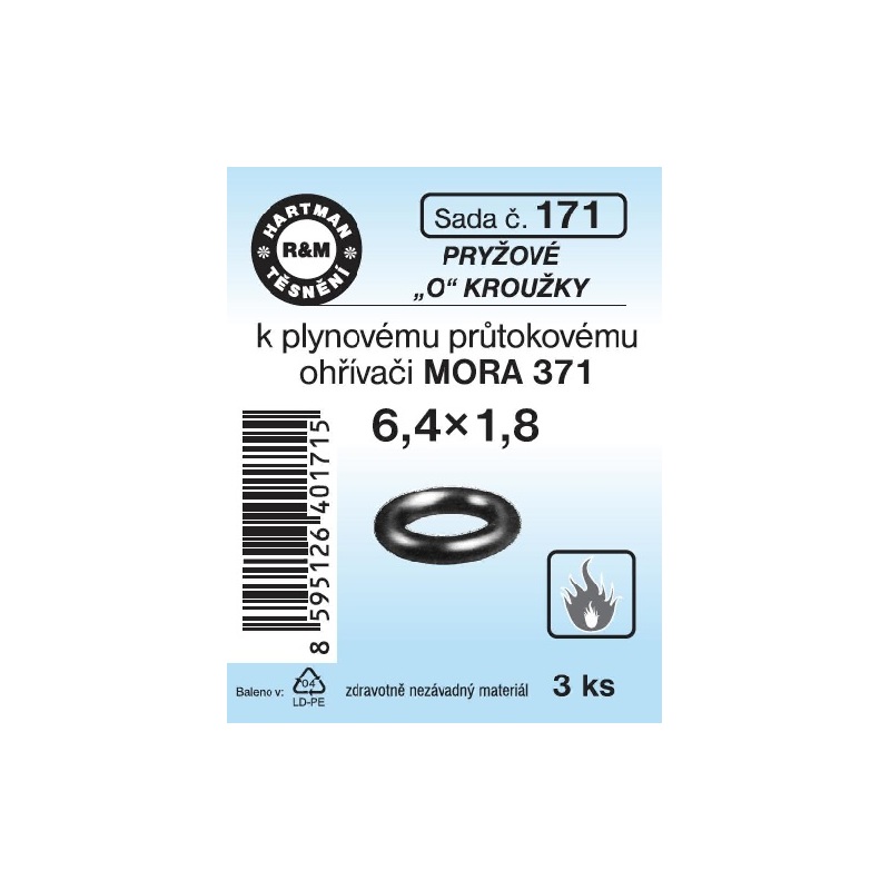Sada těsnění k plynovému průtokovému ohřívači, MORA 371, 6,4 x 1,8, pryž, 3 ks, č. 171, HARTMAN