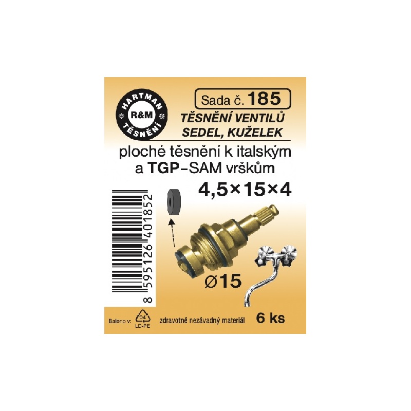 Sada těsnění ventilů sedel, kuželek,4,5 x 15 x 4, průměr 15, 6 ks, č. 185, HARTMAN