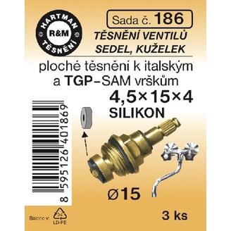 Sada těsnění ventilů sedel, kuželek,4,5 x 15 x 4, průměr 15, silikon, 6 ks, č. 186, HARTMAN