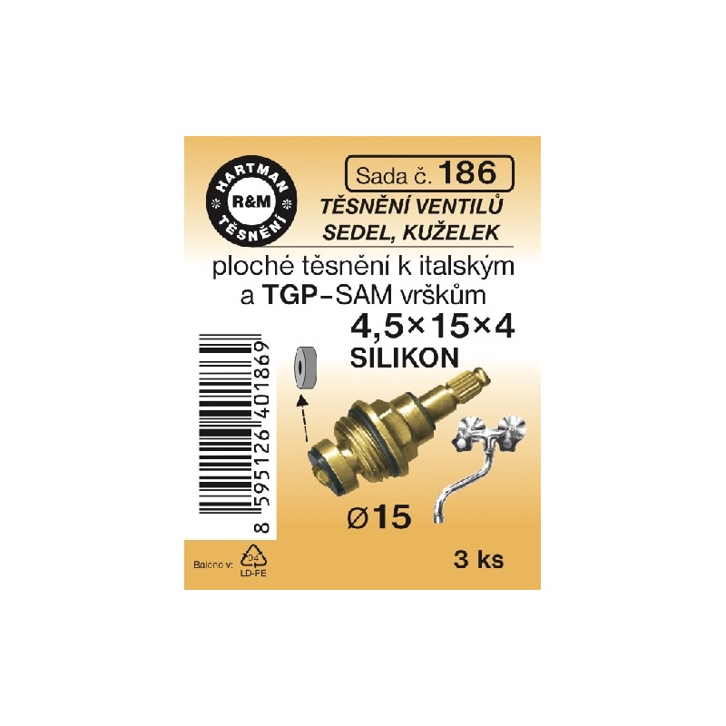 Sada těsnění ventilů sedel, kuželek,4,5 x 15 x 4, průměr 15, silikon, 6 ks, č. 186, HARTMAN