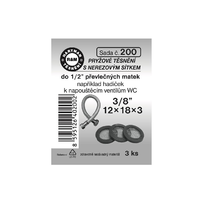 Sada těsnění s nerezovým sítkem, 3/8“, 12 x 18 x 3, pryž, 3 ks č. 200, HARTMAN