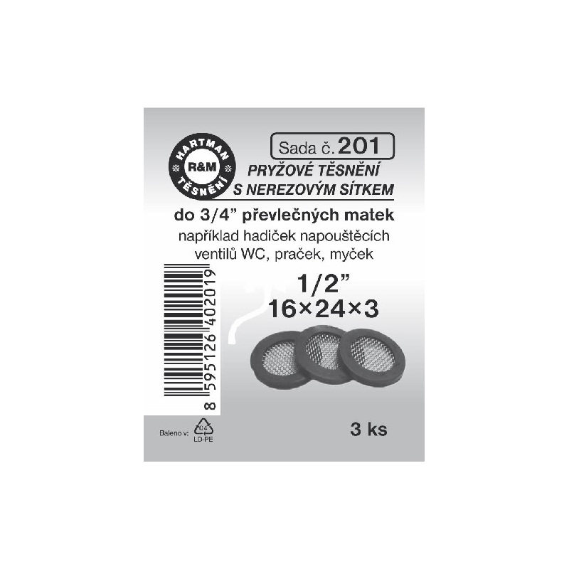 Sada těsnění do šroubení, 1/2, 16 x 24 x 3, pryž, 3 ks č. 201, HARTMAN