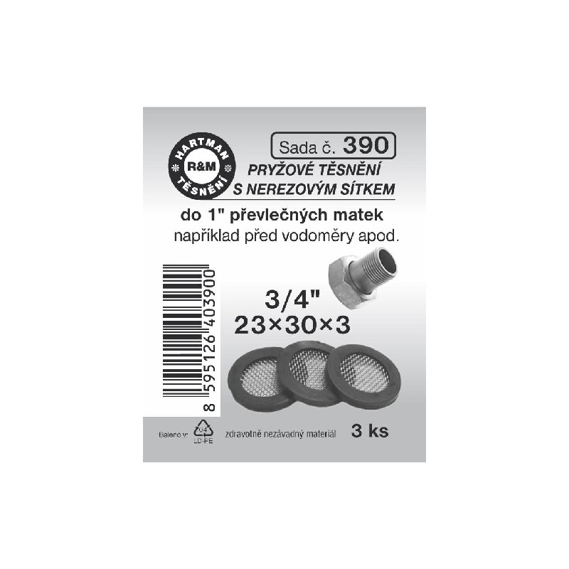 Sada těsnění, s nerezovým sítkem, 3/4“, 23 x 30 x 3, pryž, 3 ks č. 390, HARTMAN