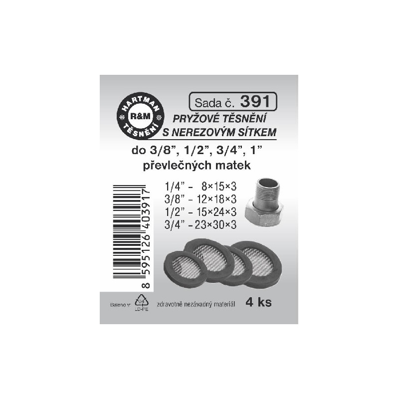 Sada těsnění, s nerezovým sítkem, pryž, 4 ks č. 391, HARTMAN