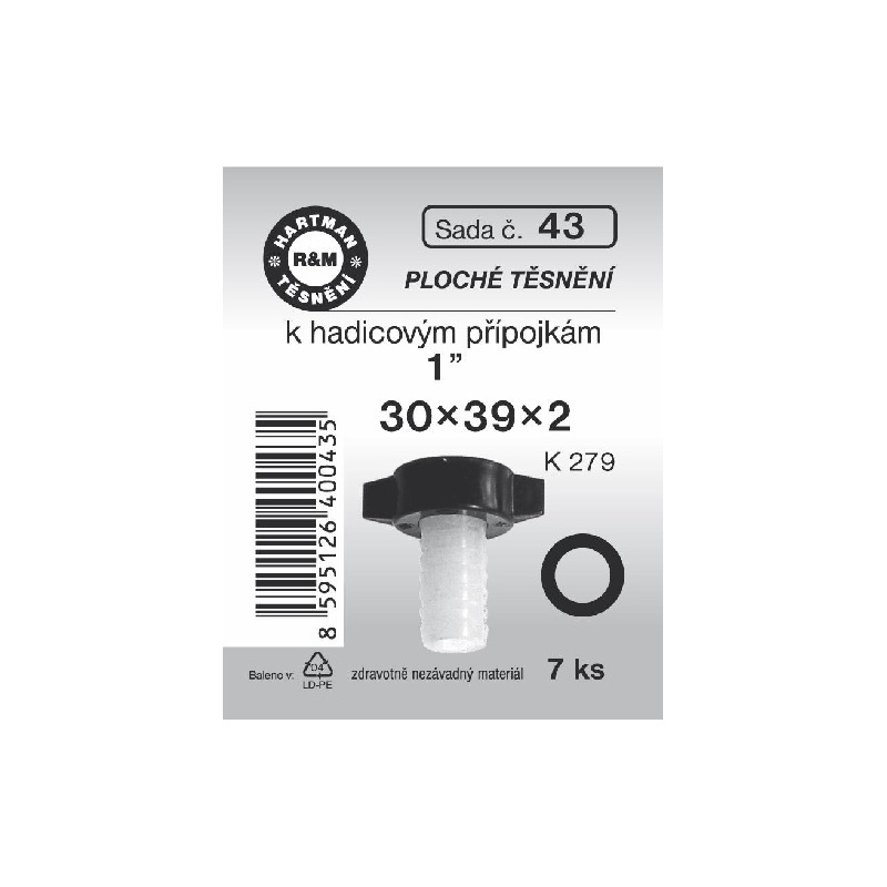 Sada těsnění k přípojkám, 30  x 39 x 2, pryžové, 7 ks, č. 43, HARTMAN