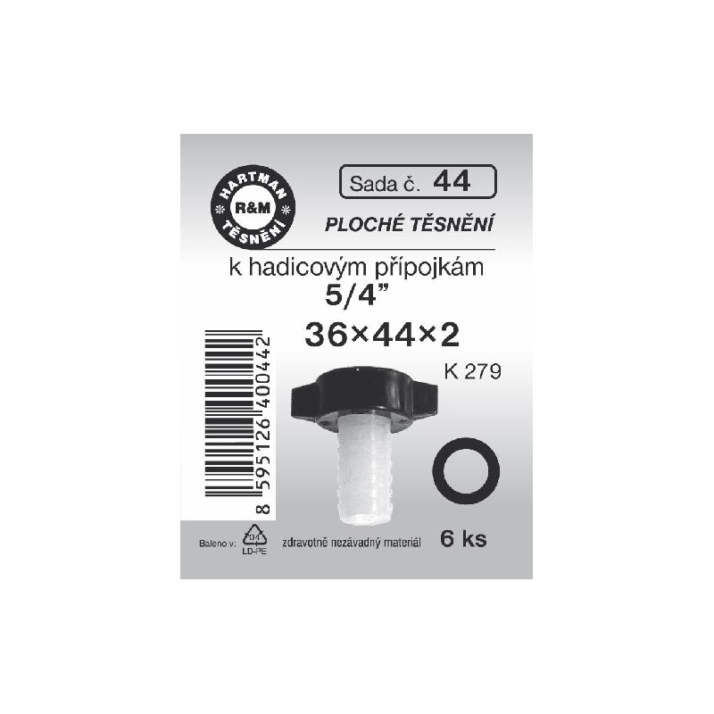 Sada těsnění k přípojkám, 36 x 44 x 2, pryžové, 6 ks, č. 44, HARTMAN