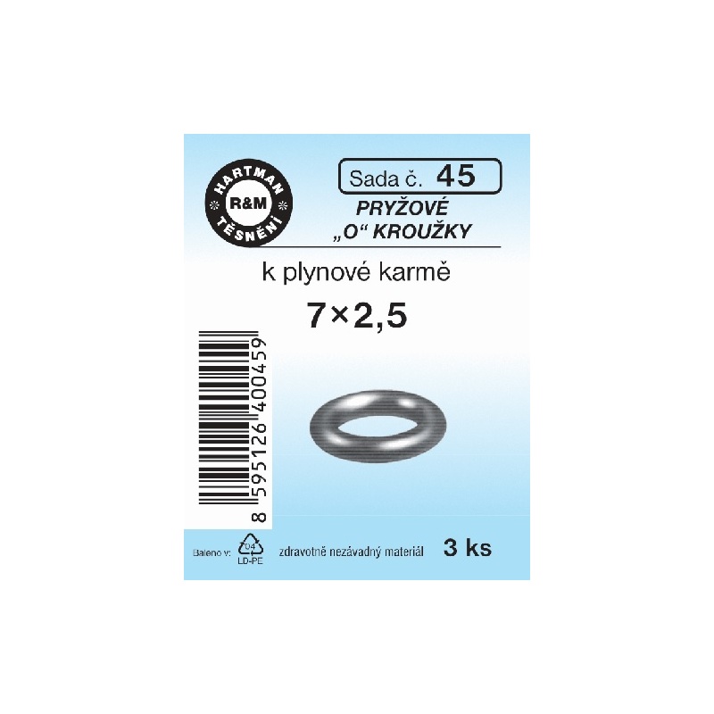 Sada těsnění k plynové karmě, 7 x 2,5, pryžové, 3 ks, č. 45, HARTMAN