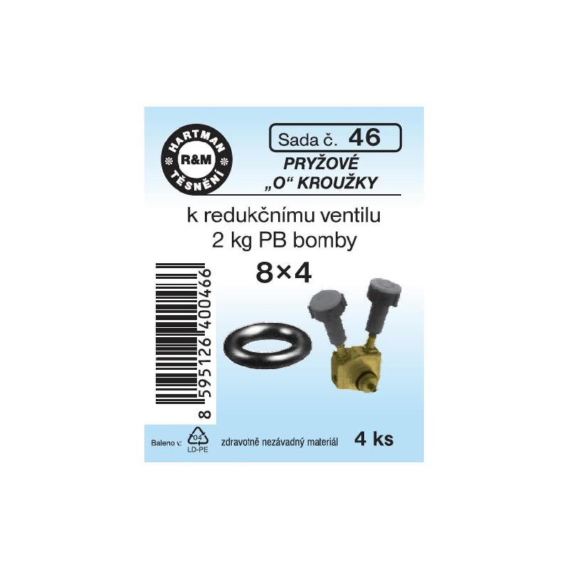 Sada těsnění kredukčnímu ventilu 2 kg PB bomby, 8 x 4, pryžové, 4 ks, č. 46, HARTMAN