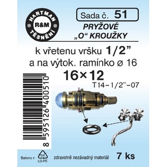 Sada těsnění O kroužků, 16 x 12, pryžové, 7 ks, č. 51, HARTMAN