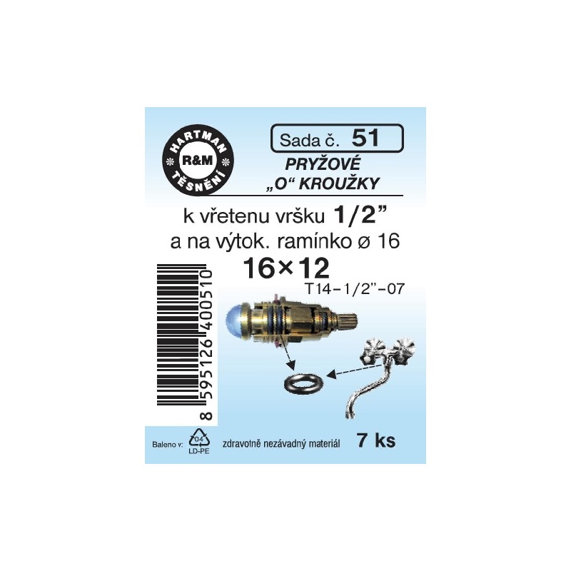 Sada těsnění O kroužků, 16 x 12, pryžové, 7 ks, č. 51, HARTMAN