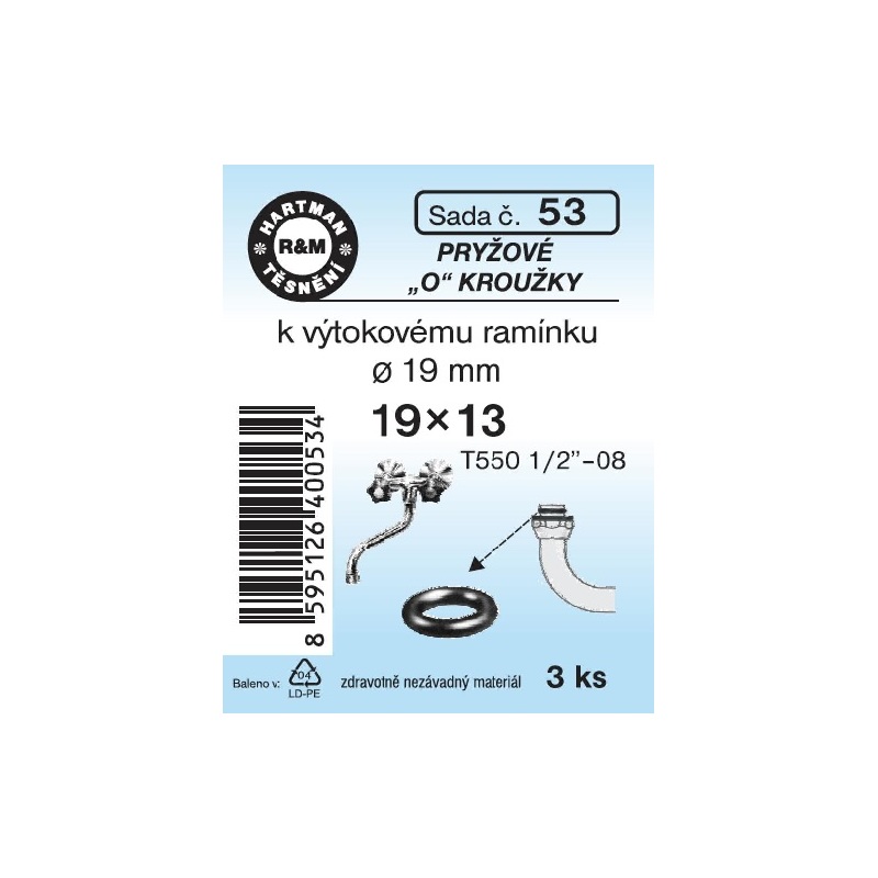 Sada těsnění O kroužků, 19 x 13, pryžové, 3 ks, č. 53, HARTMAN