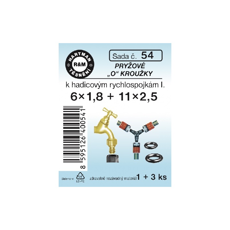 Sada těsnění k hadicovým rychlospojkám I., 6 x 1,8, 11 x 2,5, pryžové, 4 ks, č. 54, HARTMAN