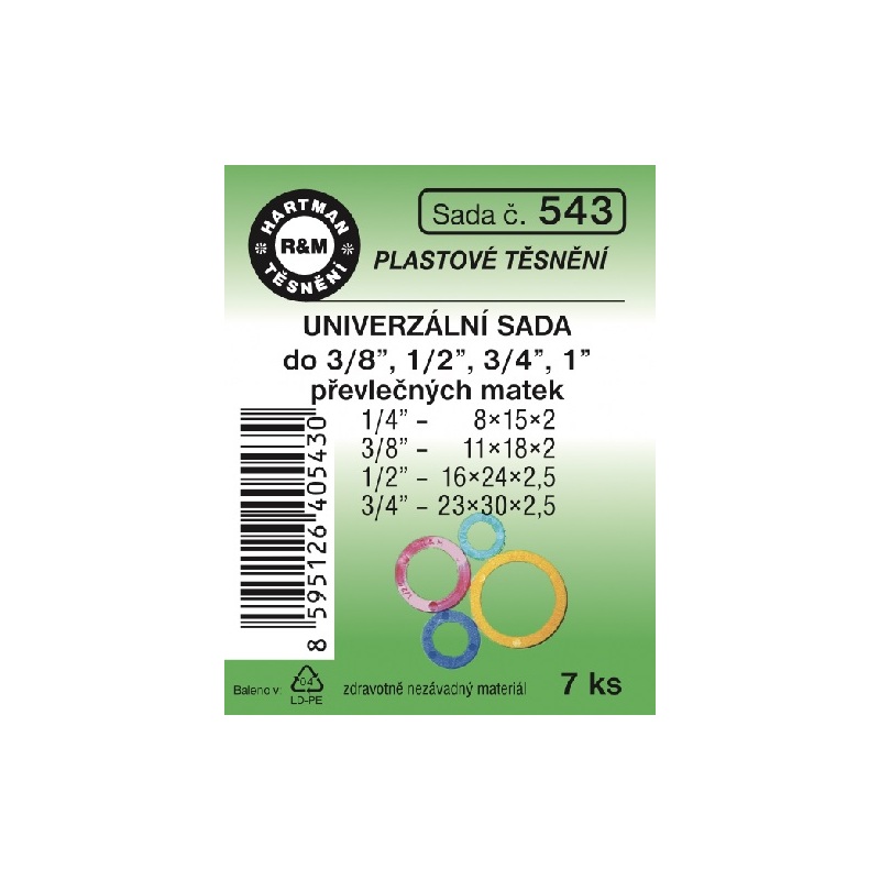 Sada těsnění univerzální, 3/8“, 1“, 1/2, 3/4“, 7 ks, č. 543, HARTMAN