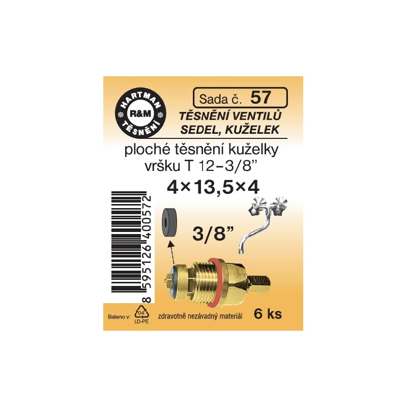 Sada těsnění ventilů sedel, kuželek, T12 - 3/8“ - 4 x 13,5 x 4, 6 ks, č. 57, HARTMAN