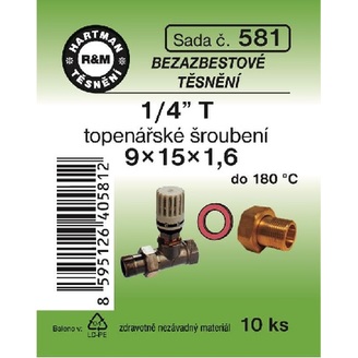 Sada těsnění pro šroubení, 1/4 T, 9 x 15 x 1,6, topenářské, bezazbestové, 10 ks č. 581, HARTMAN