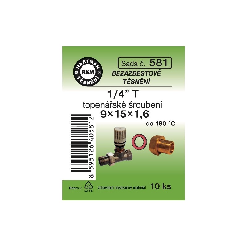 Sada těsnění pro šroubení, 1/4 T, 9 x 15 x 1,6, topenářské, bezazbestové, 10 ks č. 581, HARTMAN
