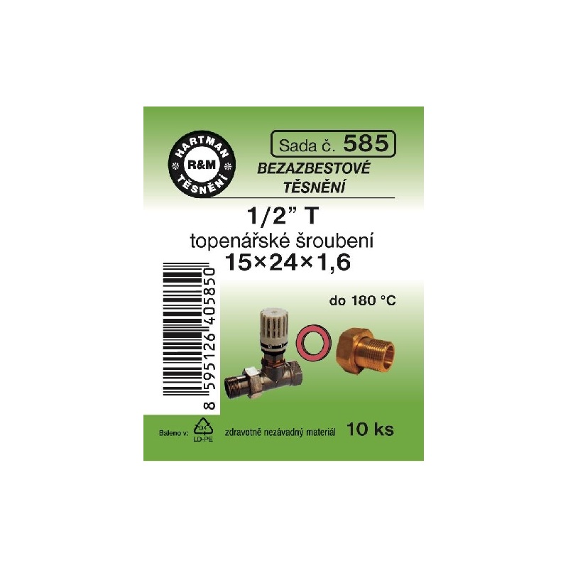 Sada těsnění pro šroubení, 1/2 T, 15 x 24 x 1,6, topenářské, bezazbestové, 10 ks č. 585, HARTMAN