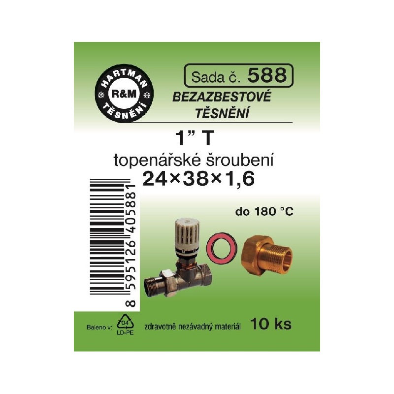Sada těsnění pro šroubení, 1 T, 24 x 38 x 1,6, topenářské, bezazbestové, 10 ks č. 588, HARTMAN