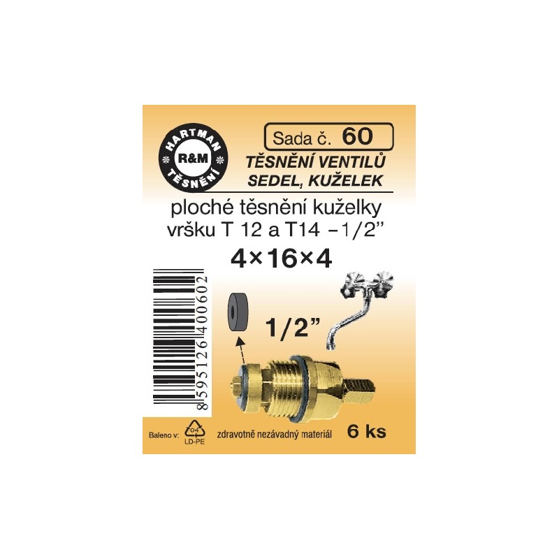 Sada těsnění ventilů sedel, kuželek, T12, T14 - 1/2“, 4 x 16 x 4, 6 ks, č. 60, HARTMAN