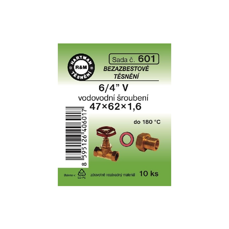 Sada těsnění pro šroubení, 6/4 V, 47 x 62 x 1,6, bezazbestové, 10 ks č. 601, HARTMAN