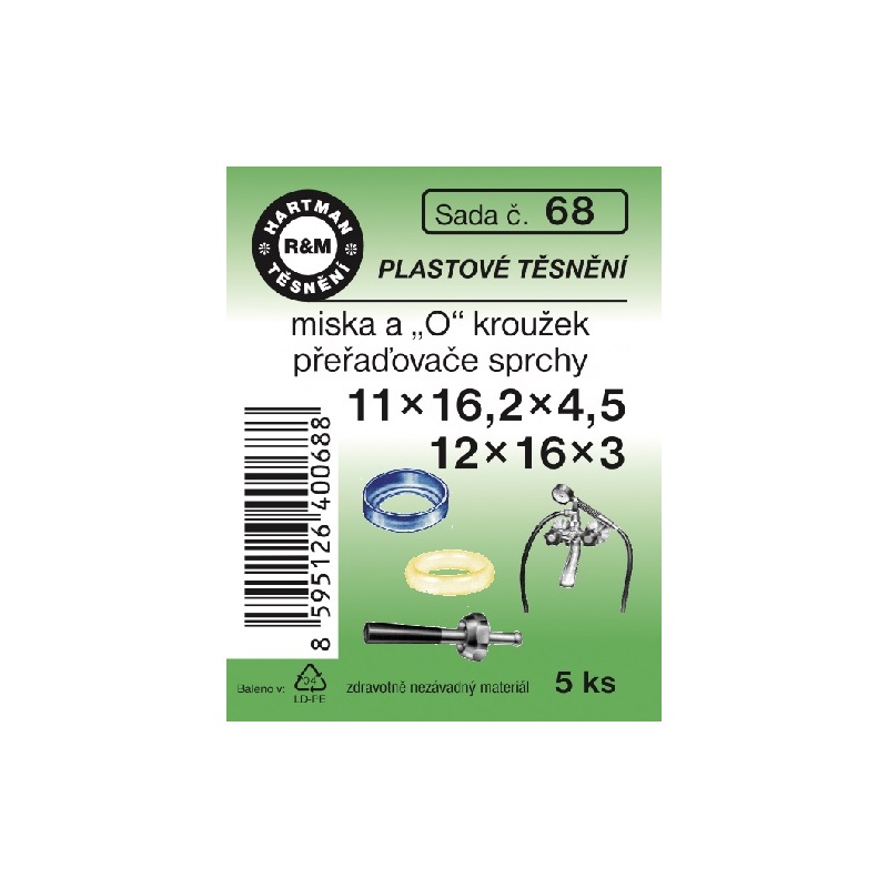Sada těsnění k vodovodním bateriím, miska a O kroužek přeřaďovače sprchy, 4 x 16 x 4, 5 ks, č. 68, HARTMAN
