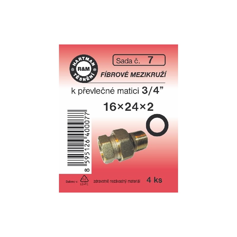 Sada těsnění pro šroubení, 16 x 24 x 2, fíbrové, 4 ks, k vodoměrům, č. 7, HARTMAN