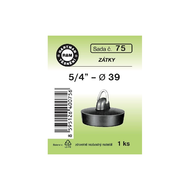Umyvadlová zátka, průměr 39 mm, pryžová, 1 ks, č. 75, HARTMAN