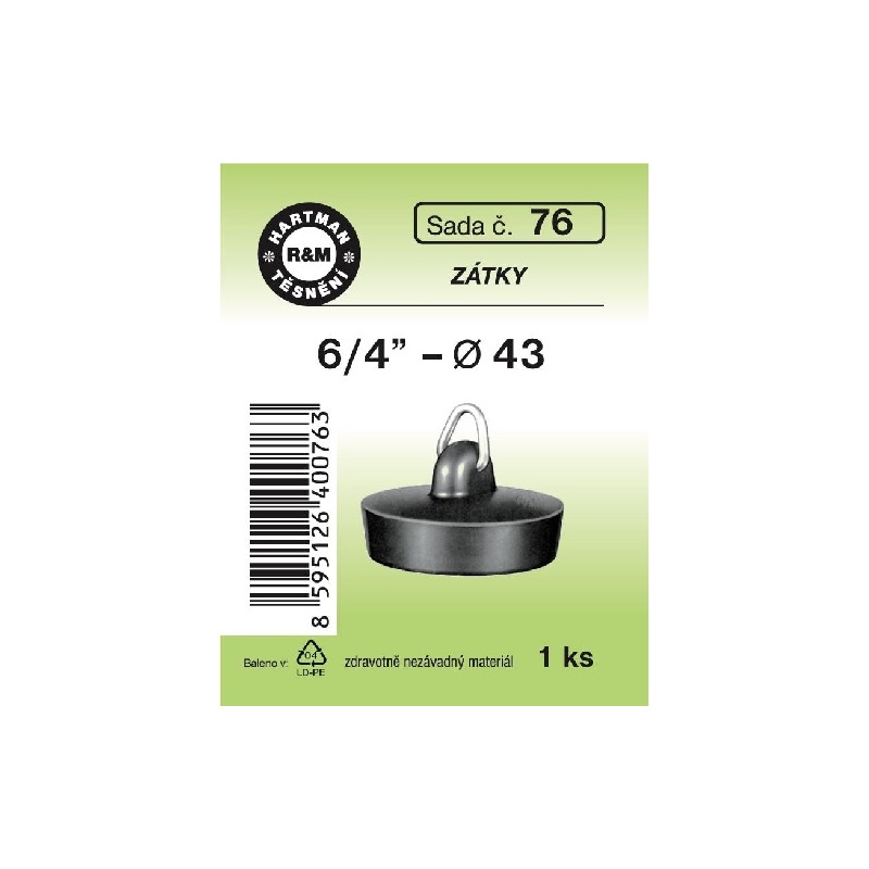 Umyvadlová zátka, průměr 43 mm, pryžová, 1 ks, č. 76, HARTMAN