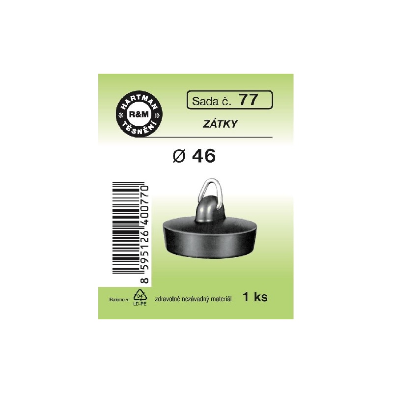Umyvadlová zátka, průměr 46 mm, pryžové, 1 ks, č. 77, HARTMAN