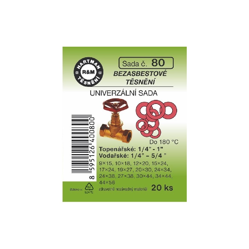 Sada těsnění do šroubení univerzální, 3/8 - 5/4, bezazbestové, 20 ks, č. 80, HARTMAN