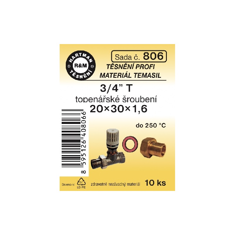 Sada těsnění pro šroubení, 3/4 T, 20 x 30 x 1,6, topenářské, 10 ks č. 806, HARTMAN