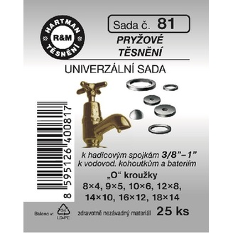 Sada těsnění, univerzální sada ke kohoutkům, spojkám, bateriím, 3/8“ – 1“, pryžové, 25 ks, č. 81, HARTMAN