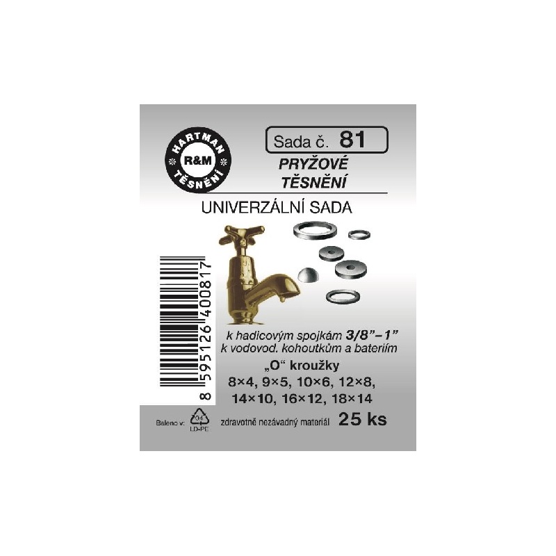 Sada těsnění, univerzální sada ke kohoutkům, spojkám, bateriím, 3/8“ – 1“, pryžové, 25 ks, č. 81, HARTMAN