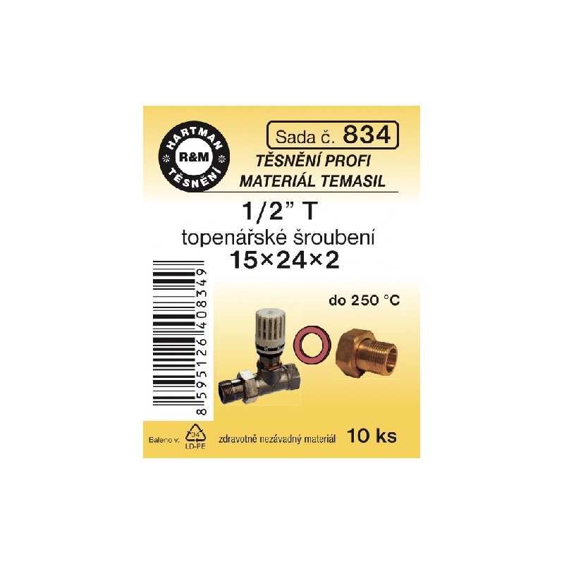 Sada těsnění do šroubení, 1/2“ T, 15 x 24 x 2, Temasil, 10 ks, č. 834, HARTMAN