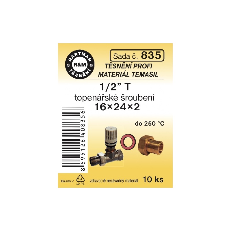 Sada těsnění do šroubení, 1/2“ T, 16 x 24 x 2, Temasil, 10 ks, č. 835, HARTMAN