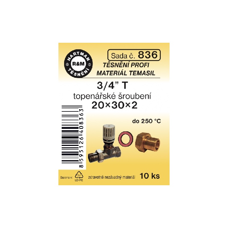 Sada těsnění do šroubení, 3/4“ T, 20 x 30 x 2, Temasil, 10 ks, č. 836, HARTMAN