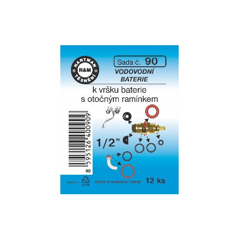 Sada těsnění pro vodovodní baterie, k vršku baterie, 1/2, 12 ks, č. 90, HARTMAN
