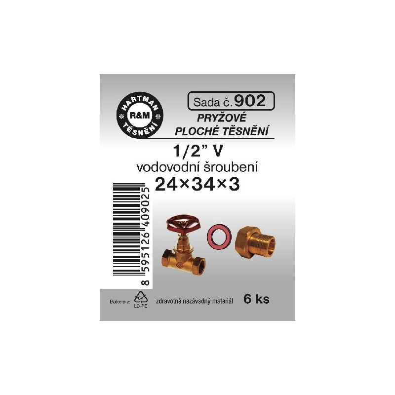 Sada těsnění do šroubení, 1/2“ V, 24 x 34 x 3, pryž, 6 ks, č. 902, HARTMAN