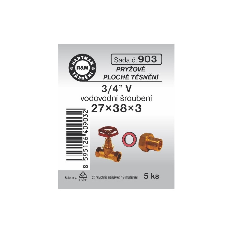 Sada těsnění do šroubení, 3/4“ V, 27 x 38 x 3, pryž, 5 ks, č. 903, HARTMAN