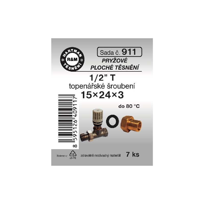 Sada těsnění do šroubení, 1/2“ T, 15 x 24 x 3, pryž, 7 ks, č. 911, HARTMAN