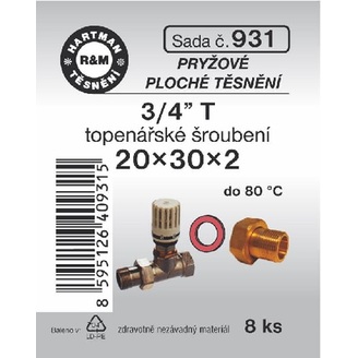 Sada těsnění do šroubení, 3/4“ T, 20 x 30 x 2, pryž, 8 ks, č. 931, HARTMAN