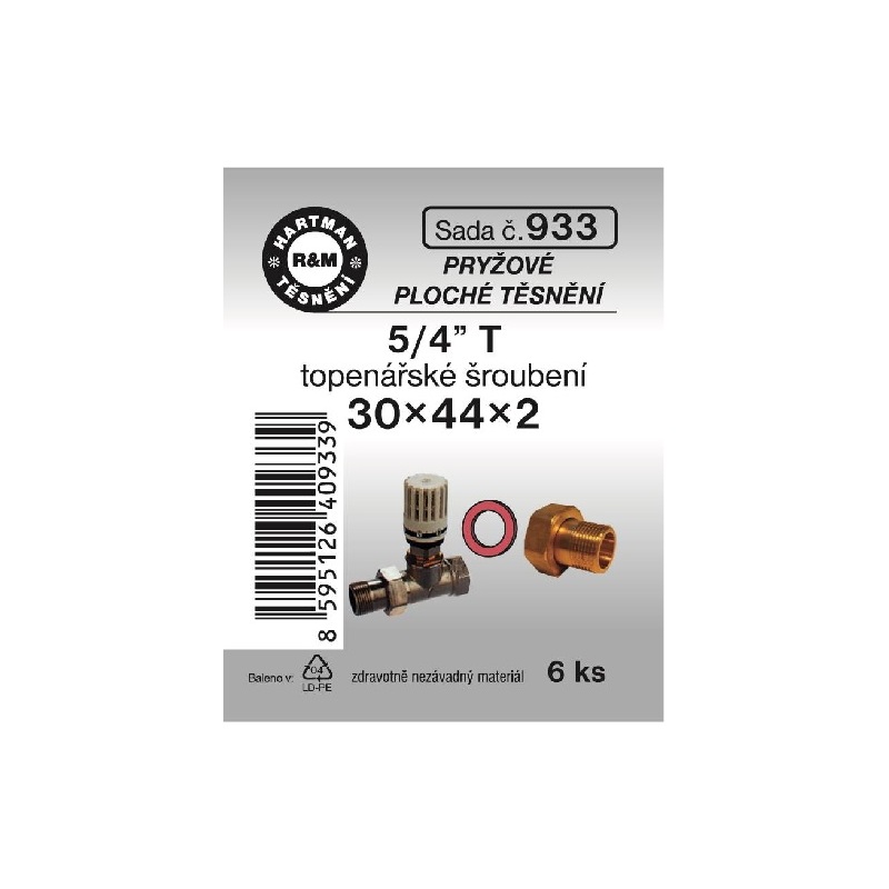 Sada těsnění do šroubení, 5/4“ T, 30 x 44 x 2, pryž, 6 ks, č. 933, HARTMAN