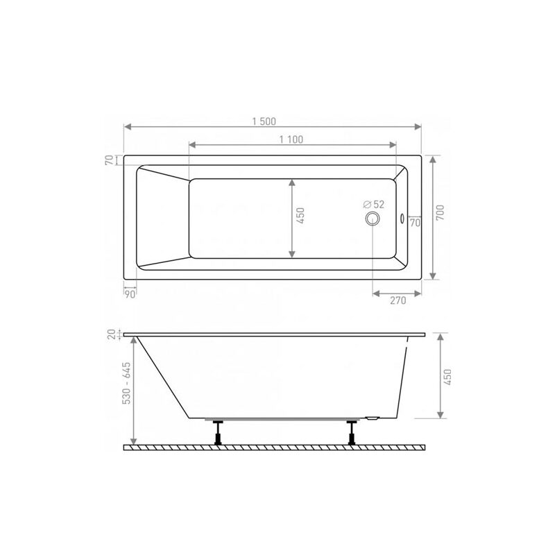 Obdélníková vana EX 150x70 cm, bílá, Lansanit LANEX150X70